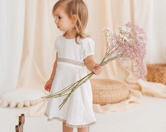 White linen girl dress with knittings, knee length baby gown with short sleeves, lace outfit with puffy sleeves, minimalistic toddler robe