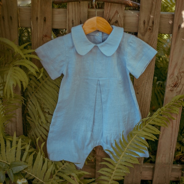 Linen one piece baby romper with short sleeves, overall for little boys, blue newborn jumpsuit, organic soft costume, toddler coverall