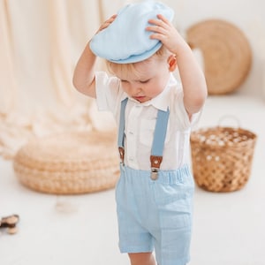 Blue linen shorts and white shirt set for little boys, baby slim fit chino pants and suspenders, adjustable classic toddler formal outfit