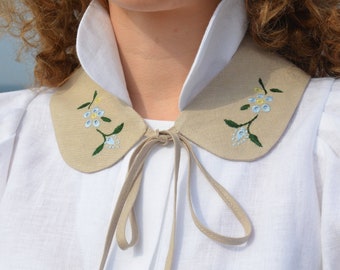 Detachable collar with hand embroidery flowers, removable adjustable linen soft neckpiece, vintage style cottage-core necklace accessory