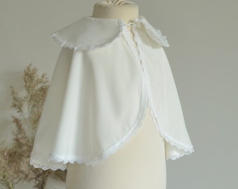 White collared chiffon cape for kids, round neck toddler bolero with button closure, fabric capelet with linen lace, coat for girls and boys