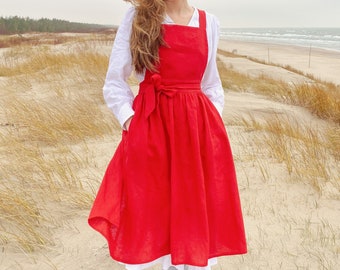 Pinafore apron, aprons for women, cross back apron, apron with pockets, pinafore dress, Japanese apron, garden apron, red apron women