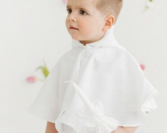 White linen cape with hood, round neck toddler bolero with button closure, kids fabric mantle, coat for girls and boys, baby cloak