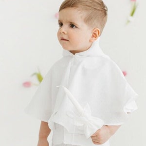 White linen cape with hood, round neck toddler bolero with button closure, kids fabric mantle, coat for girls and boys, baby cloak