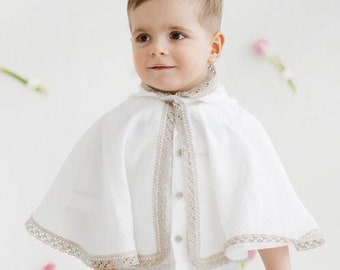 White linen baptismal cape, knitting decorated light infant christening cloak, soft baby natural church mantle with hood, newborn shawl