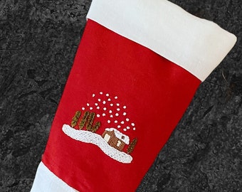 Red Christmas stocking with hand embroidery, Fireplace hanging decor, Xmas personalised sock, Minimalist holiday indoor linen decoration