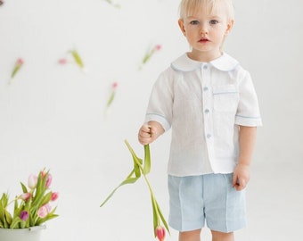 White linen suit for little boys, button down shirt with short sleeves and shorts set, round collar top and pants outfit, blue baby tuxedo