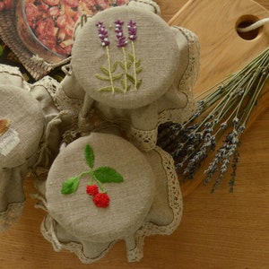 Linen jar cover with embroidered lavender