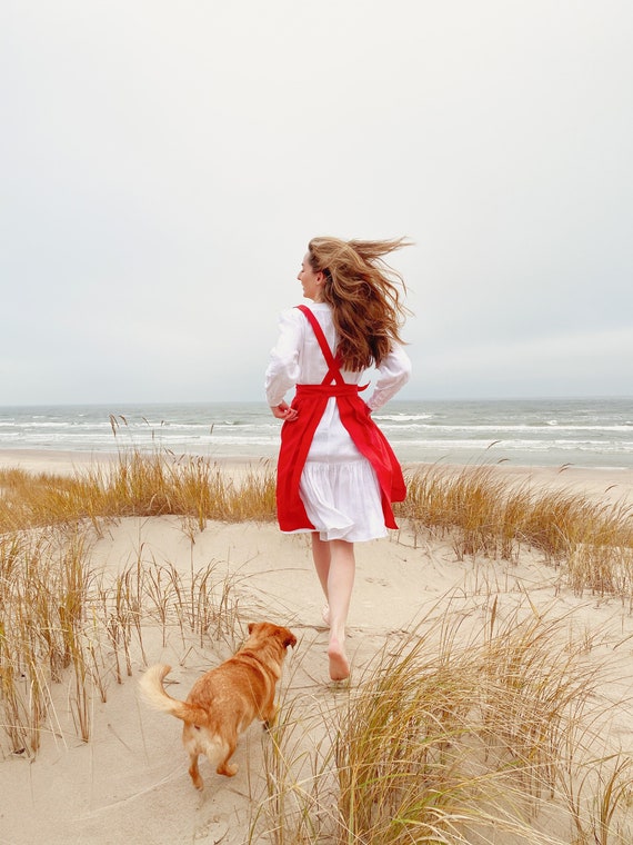 red apron dress Red linen pinafore apron dress, casual cross back occasion outfit, adjustable woman gown with pockets, natural knee length mid sized robe
