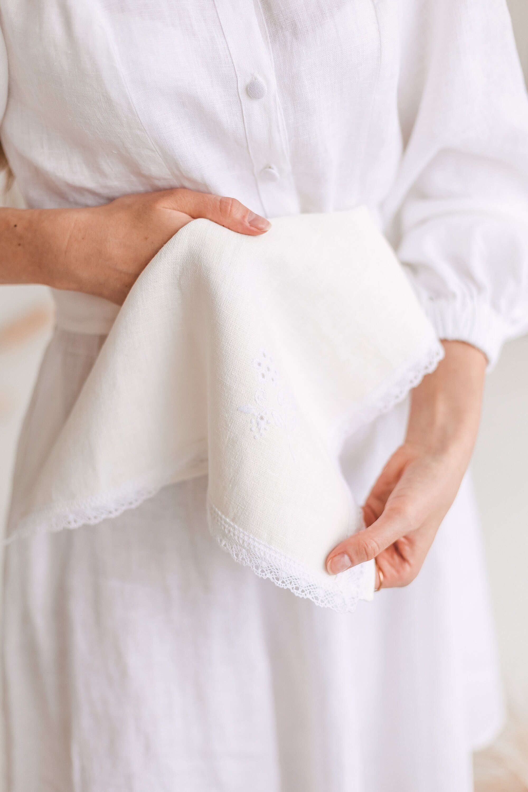 White linen handkerchief with hand embroidered flowers, baptism ceremony fabric cloth, blessing napkins for church, elegant lace water towel