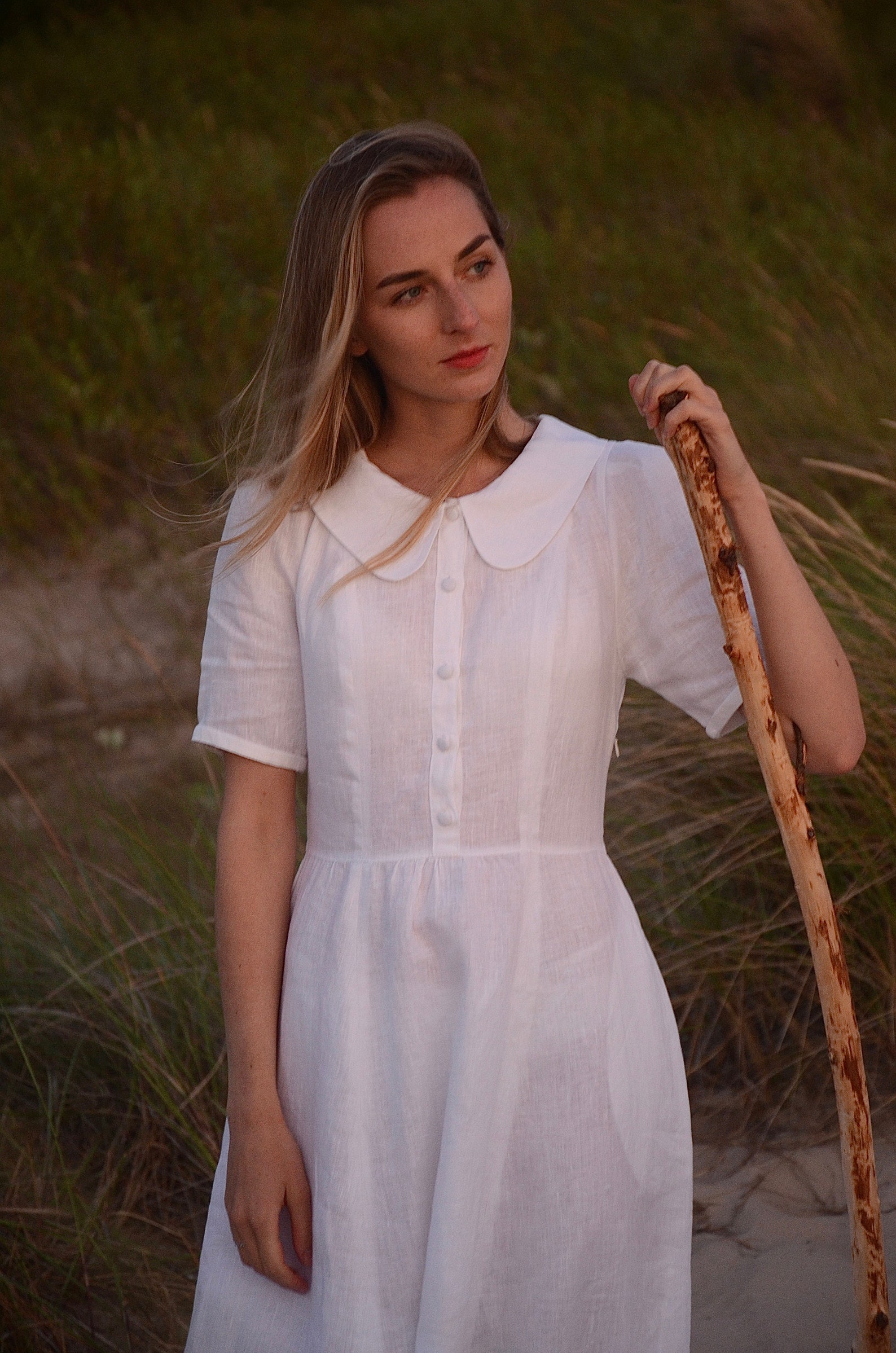 White Linen Women's Midi Dress With Short Sleeves, Button Down Robe ...