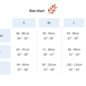 May include: Size chart for clothing with measurements in inches and centimeters. Bust, waist, and hip measurements are listed for sizes S, M, L, and XL.