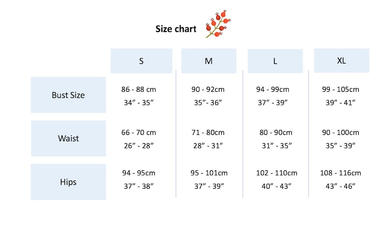 May include: Size chart for clothing with measurements in inches and centimeters. Bust, waist, and hip measurements are listed for sizes S, M, L, and XL.