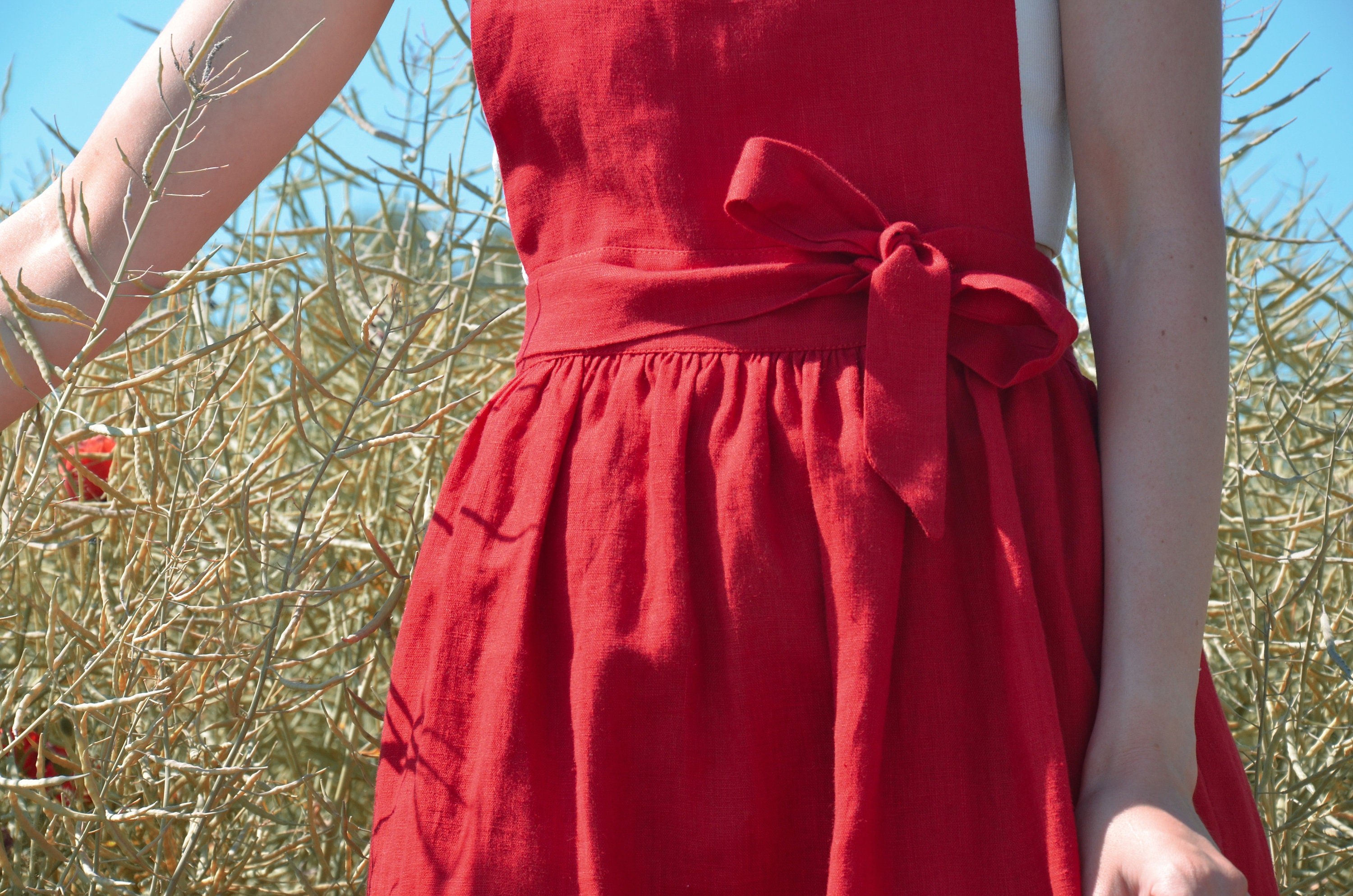 red apron dress Red linen pinafore apron dress, casual cross back occasion outfit, adjustable woman gown with pockets, natural knee length mid sized robe