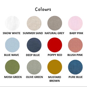 May include: A color chart showing 12 different fabric swatches with their corresponding names: Snow White, Summer Sand, Natural Grey, Baby Pink, Blue Wave, Deep Blue, Poppy Red, Blush Pink, Mosh Green, Olive Green, Mustard Brown, and Pure Blue.