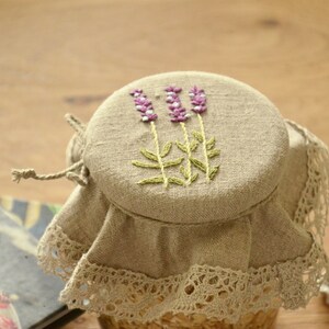 Linen jar cover with embroidered lavender