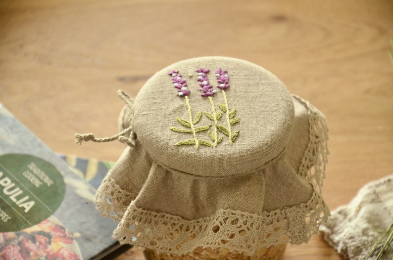 Linen jar cover with embroidered lavender