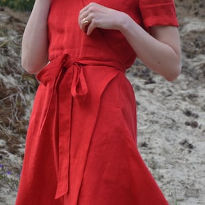 Red linen dress, wrap linen dress, red wrap dress