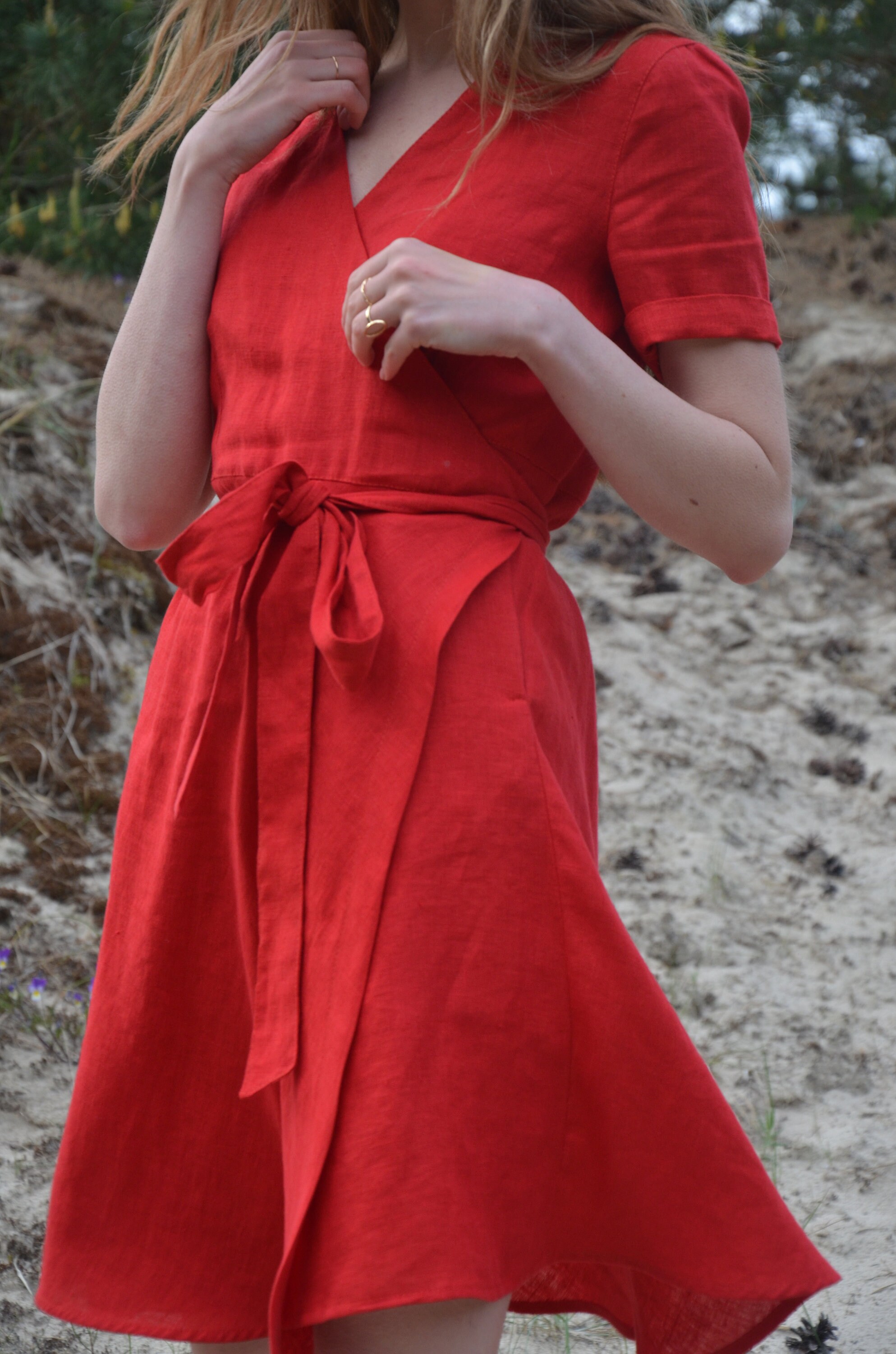 Red Linen Dress Waisted