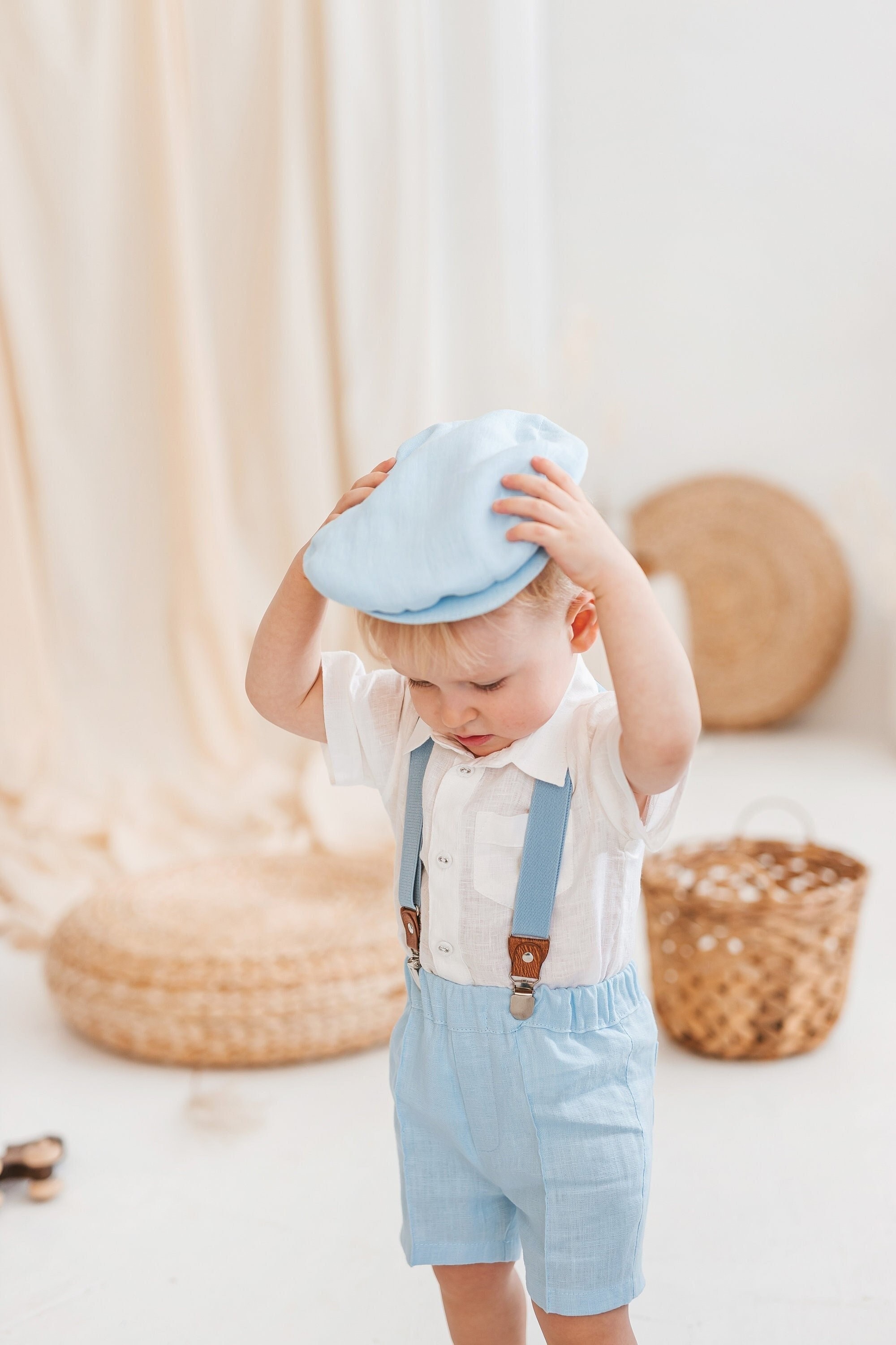 Blue Linen Shorts & White Shirt Set For Little Boys, Baby Slim Fit Chino Pants Suspenders, Adjustable Classic Toddler Formal Outfit
