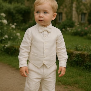 May include: A young boy wearing a white linen suit with a bow tie. He is standing on a path in front of a stone building with ivy growing on it.