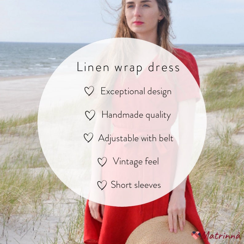 Red linen dress, wrap linen dress, red wrap dress features