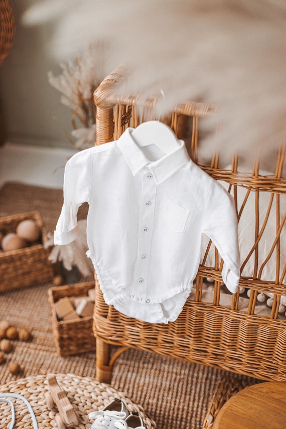 White Linen Baby Button Down Bodysuit, Classic Formal Boy Romper With Long  Sleeves, Toddler Collared Oxford Dress Shirt With Front Pocket 