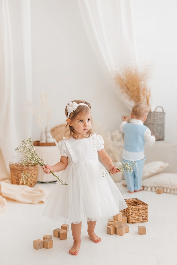 knee length tutu dress Little baby tulle dress, White linen girl gown with short sleeves, boho outfit with ruffle sleeves, toddler formal wear Web collection: SS26 maternity