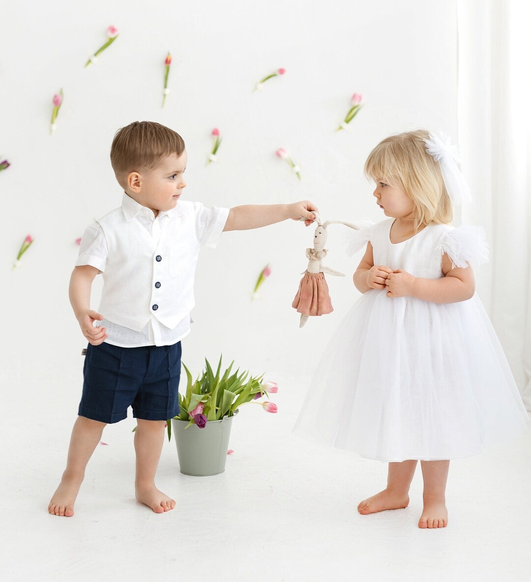 White Linen Suit for Little Boys, Button Down Shirt With Short Sleeves