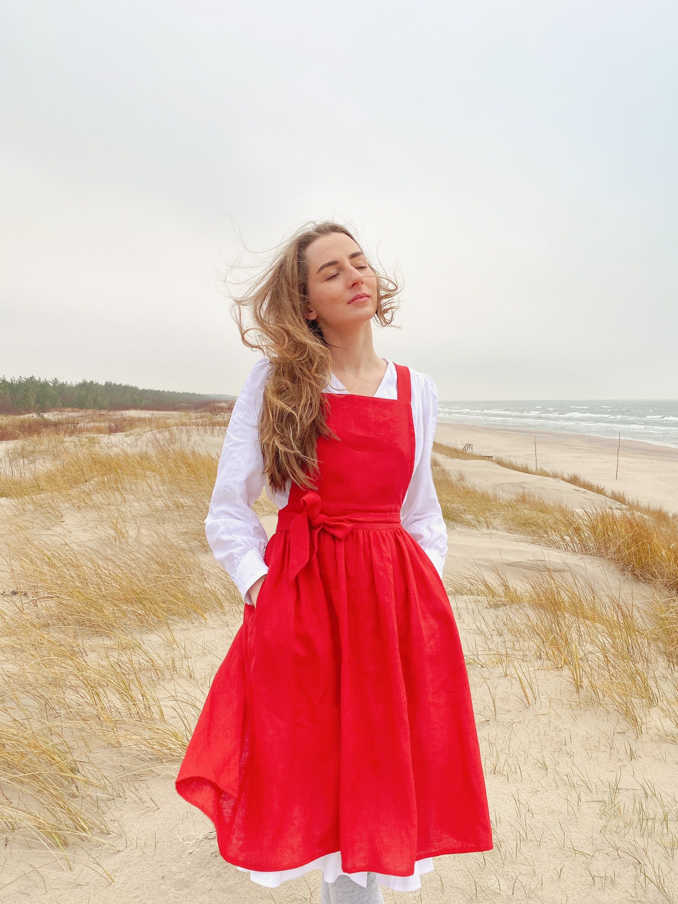 red apron dress Red linen pinafore apron dress, casual cross back occasion outfit, adjustable woman gown with pockets, natural knee length mid sized robe