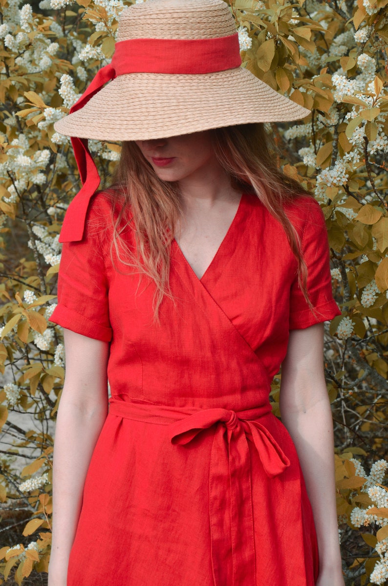 Red linen dress, wrap linen dress, red wrap dress