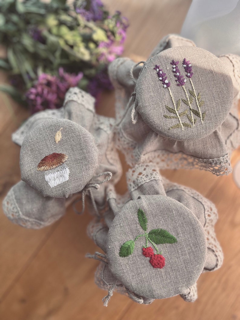 Linen jar cover with embroidered lavender