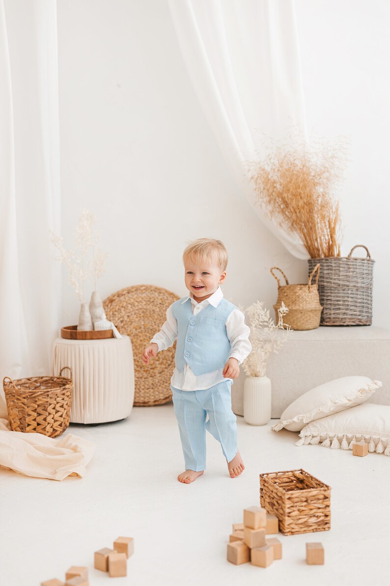 White Linen Baby Boy Suit Vest and Trousers Set for Toddlers Etsy