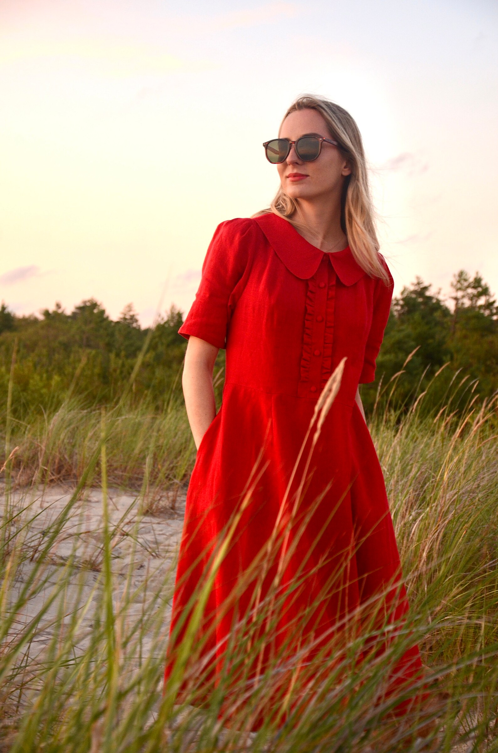Red Linen Women's Midi Dress With Short Sleeves, Button Down Robe With ...