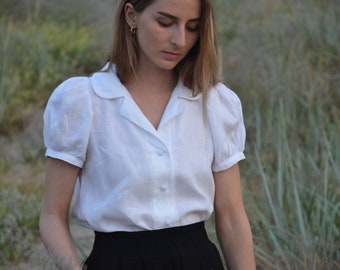 Linen shirt women, linen button up, white linen top, linen shirt, linen blouse victorian, puff sleeve top, linen short sleeve shirt