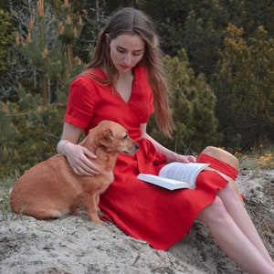 Red linen dress, wrap linen dress, red wrap dress