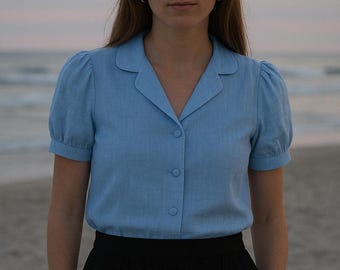 Linen button down shirt for women with short puffy sleeves, Classic blue top with a collar, V front ladies blouse, Natural fabric shirt