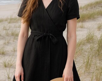 Black linen wrap women dress with pockets, Knee length breathable sundress with short sleeves, Summer V-neck minimalist dress with belt