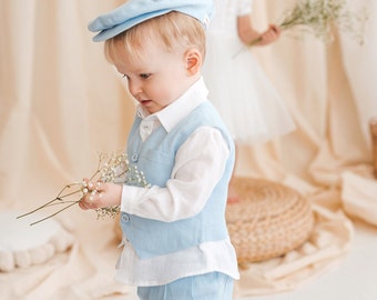 Natural linen suit for little boys, full pastel blue blue toddler occasion outfit, baby tuxedo with buttoned vest, luxury eco newborn gown