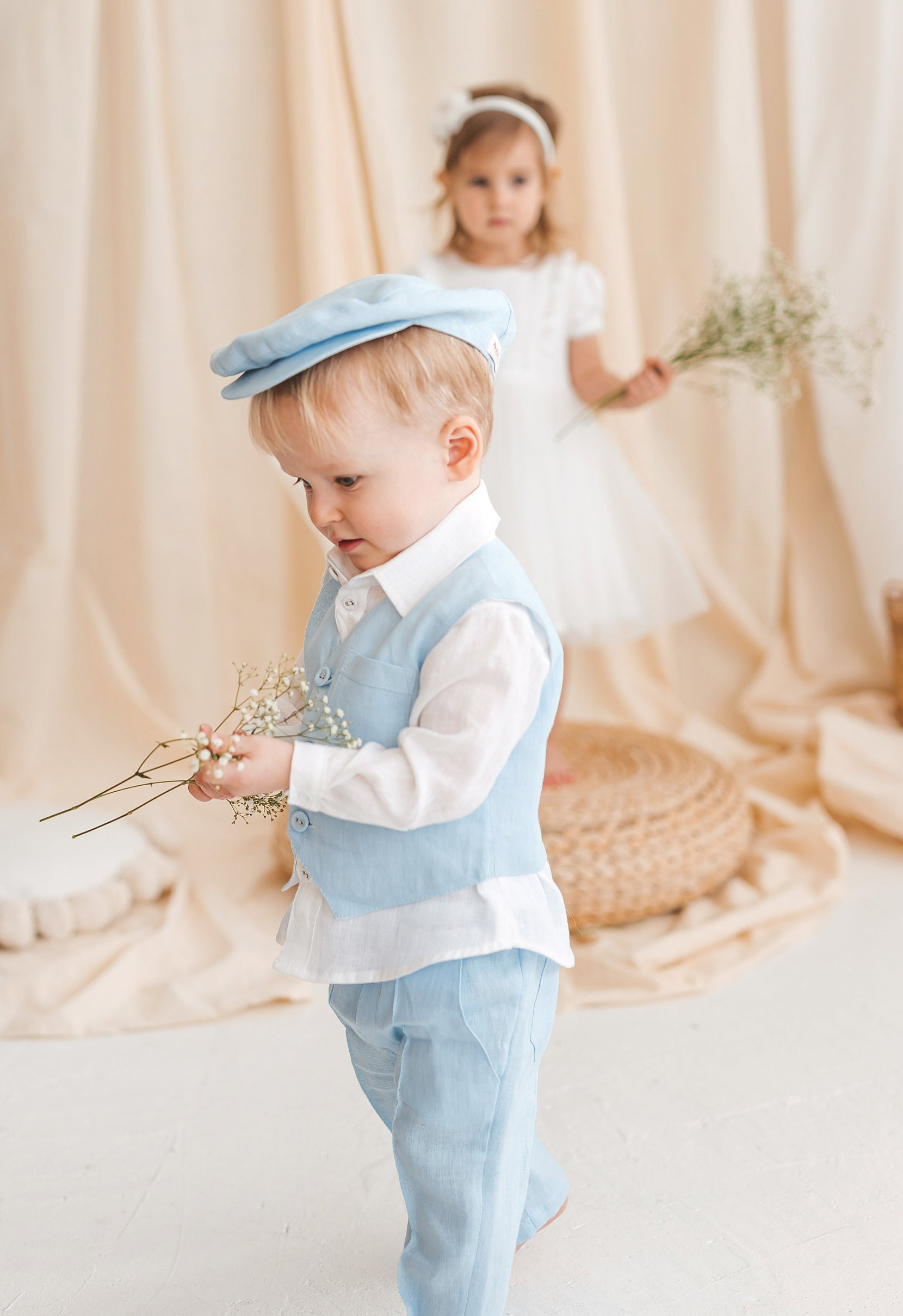 Natural Linen Suit For Little Boys, Full Pastel Blue Toddler Occasion Outfit, Baby Tuxedo With Buttoned Vest, Luxury Eco Newborn Gown