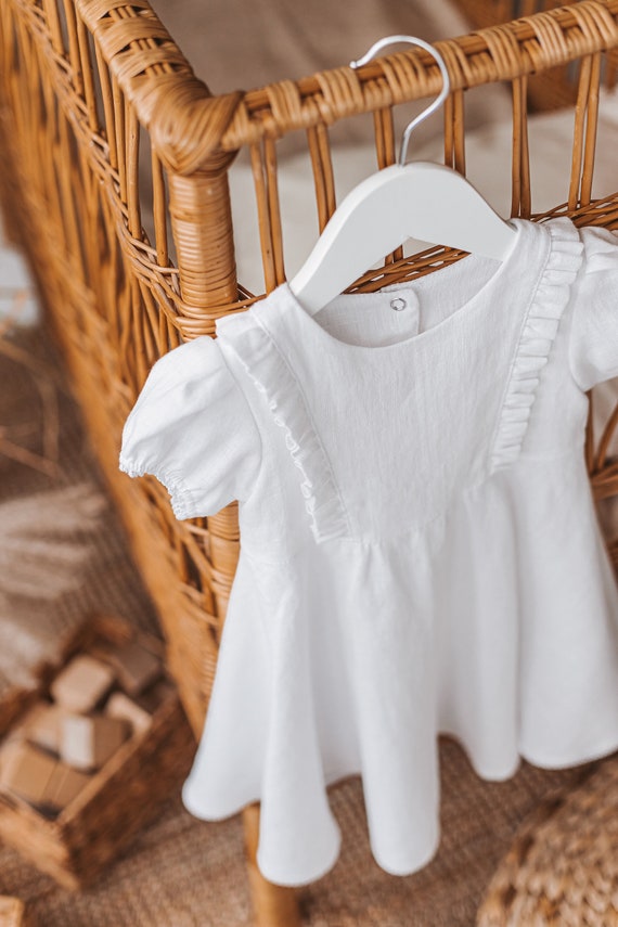 White linen ruffle dress with short puffy sleeves, above the knee gown for little girls, boho outfit for toddlers, cute newborn dress