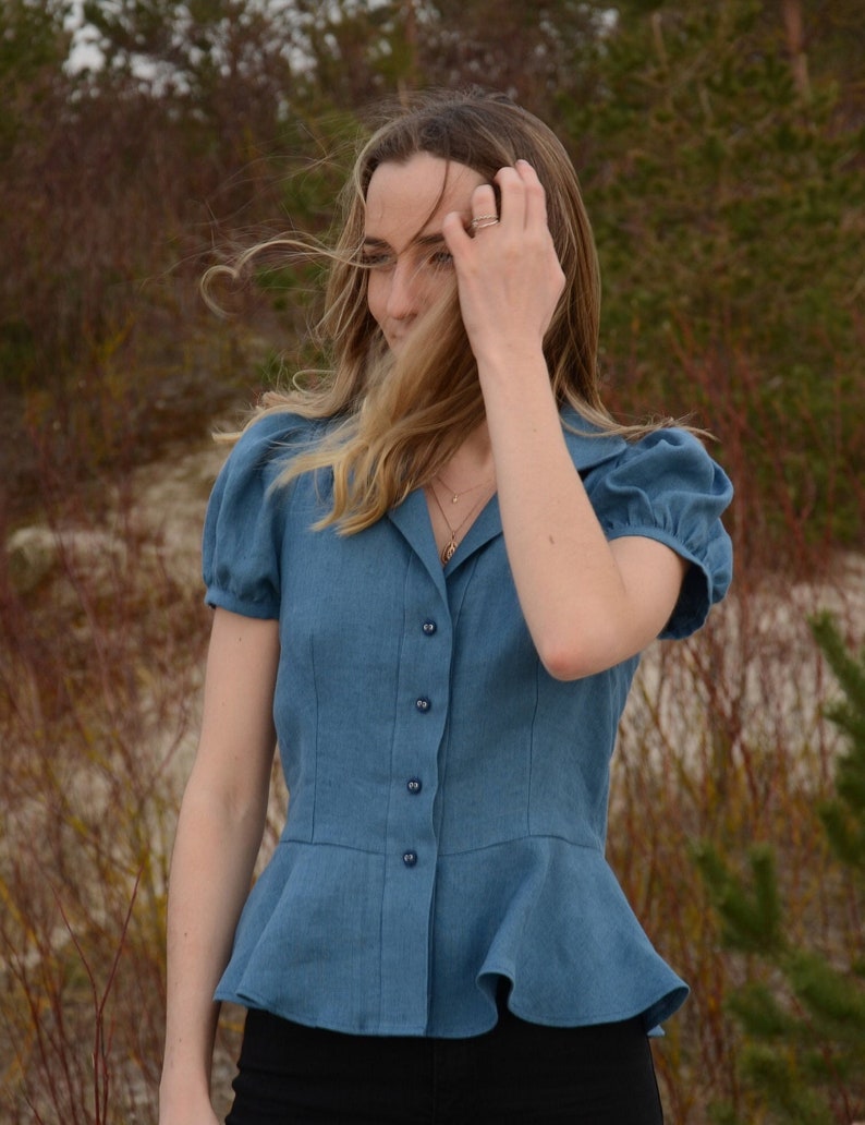 Linen Twist-Front Blouse with Peplum Hem and Cut-Out Waist Detail main image 1
