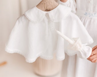 White collared linen cape for kids, round neck toddler bolero with button closure, fabric capelet with linen lace, coat for girls and boys