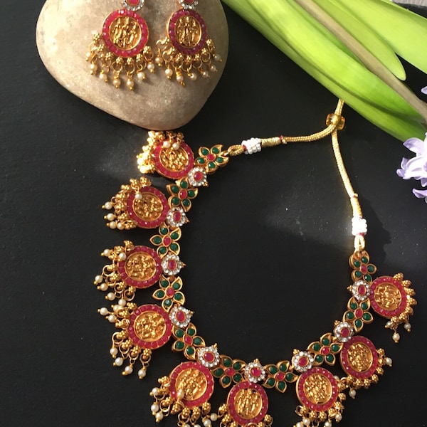 South Indian multi pendant necklace,Temple jewellery set,Indian Bridal necklace,polki jewellery set, Indian Ram parivar necklace set