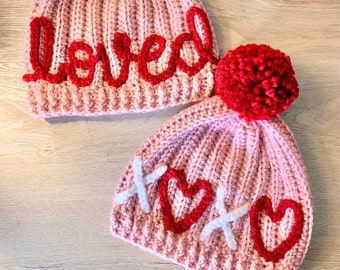 Custom Embroidered Valentine’s Day Beanie with Pom Pom | Size Options for Baby Toddler Kids Adult | Personalized Valentine’s Theme Knit Hats