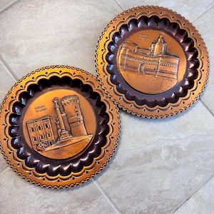 RARE Set Of 2 Vintage Italy Embossed Copper Plates Ricordo Di Vasto 11.5&quot;