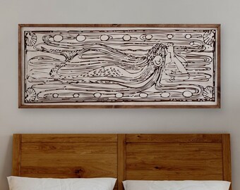 Illustration vintage de sirène sculpture - Art mural en bois rustique
