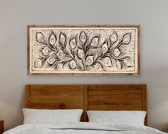 Vintage Peacock Feathers Carved Wood Wall Art - Rustic Illustration