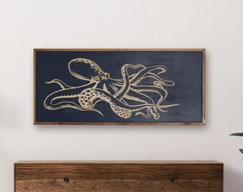 Art mural en bois sculpté de pieuvre | Décoration Kraken côtier
