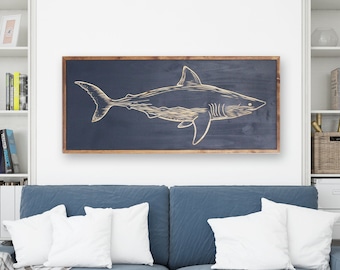 Art mural requin en bois sculpté | Décoration de pêche nautique
